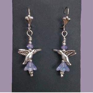 Silver Hummingbird Earrings Dangle Tibetan Whimsical Handmade Crystal Beads NEW